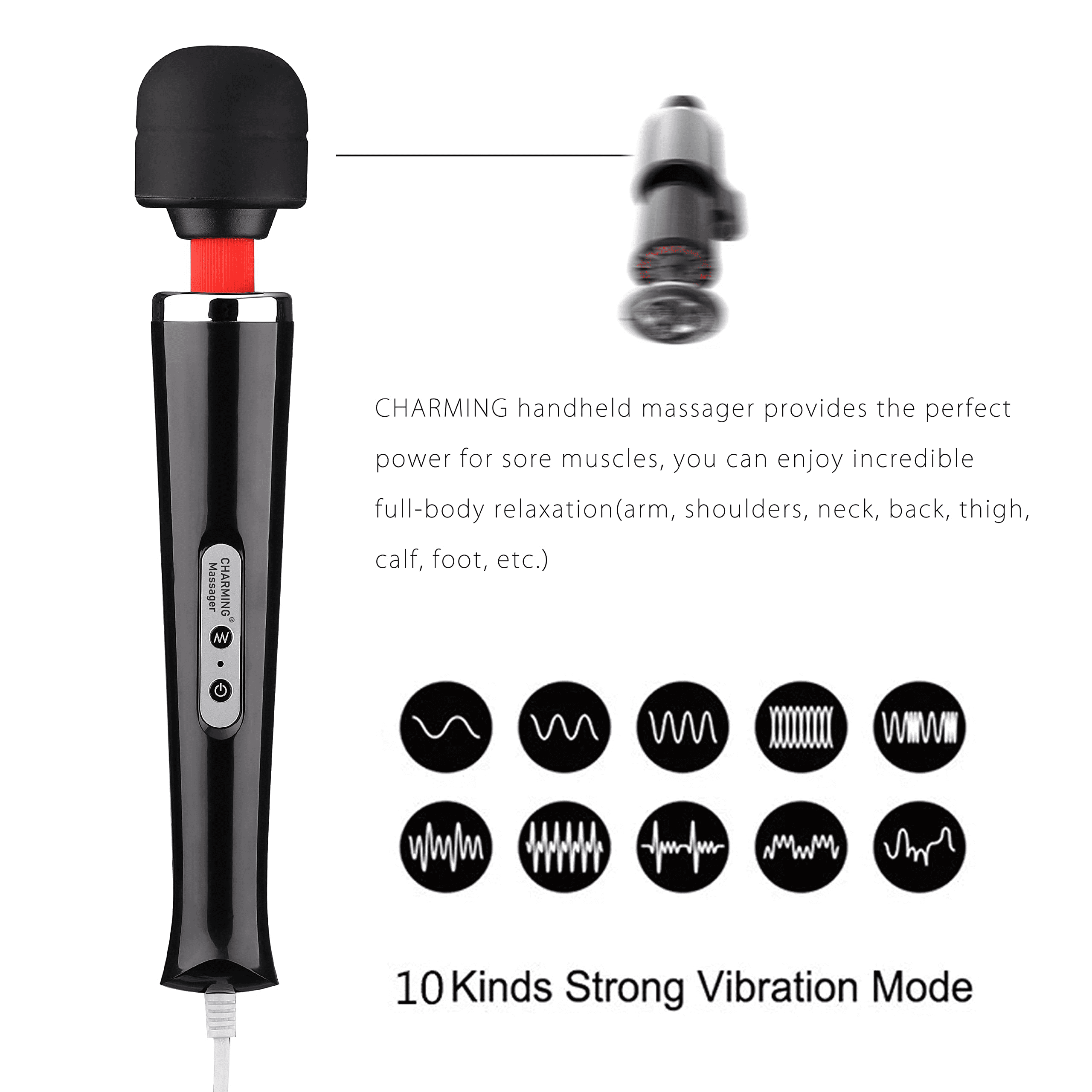 Rulwuck 10 speed handheld back personal massager, powerful rechargeable plug-in firing massage gun, used for neck, shoulder, back pain relief, deep tissue muscle relaxation, black,Black,10 Speeds