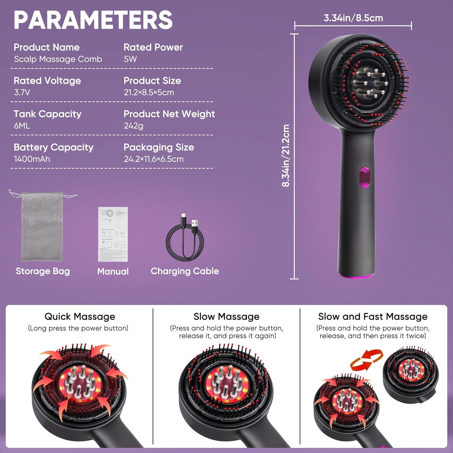 3-in-1 Scalp Massager Comb with 630nm Red Light Therapy, 72 Massage Teeth & 8 Roller Oil Balls, 6ml Serum Tank, USB-C Rechargeable, Waterproof Hair Growth Brush