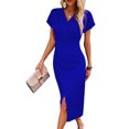 thumbnail image 5 of Quixlent Women's Bodycon Midi Dress Short Sleeve V Neck Ruched Cocktail Party Dress Formal Slit Office Work Business Outfit, 5 of 8