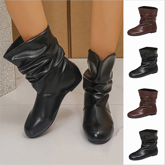 WAVSUF Women's Flat Wide Width Boots Slip On Anti Slip Comfort Faux Leather Fall Daily Trendy Boots Black Size 6