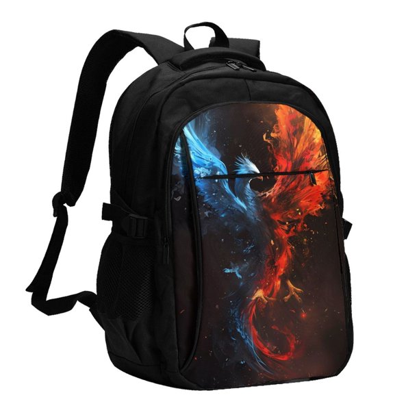 Easygdp Red And Blue Fire Bird Mochila para Laptop de Viaje con Puerto USB, Mochila para Laptop con Puerto de Carga USB para Mujeres y Hombres