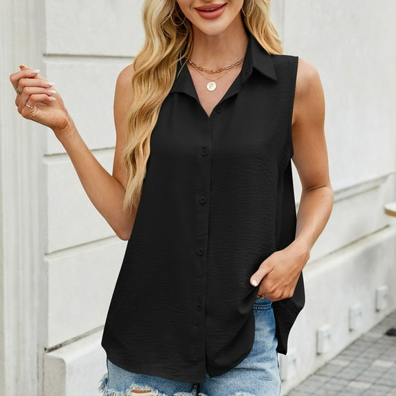 QUNYINEY Solid Button Down Shirts for Women Casual Collared Sleeveless Tank Tops Loose Shirts
