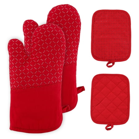 

Silicone Oven Mitts and Pot Holders Cooking Gloves Kitchen Counter Safe Mats Advanced Heat Resistance Slip-Resistant Textured Grip Red