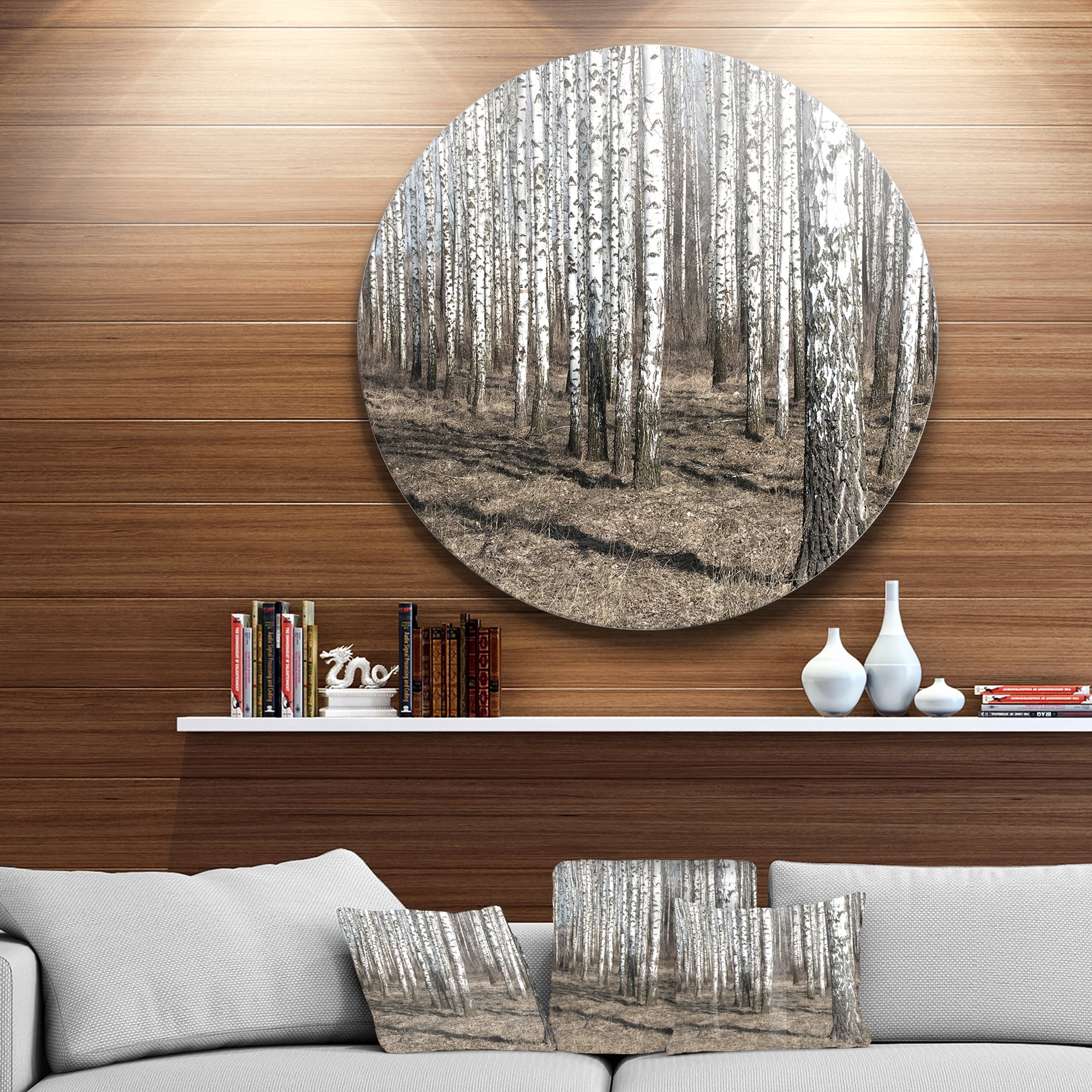 Designart 'Beautiful Dense Birch Forest View' Disc Forest Large Metal Circle Wall Art