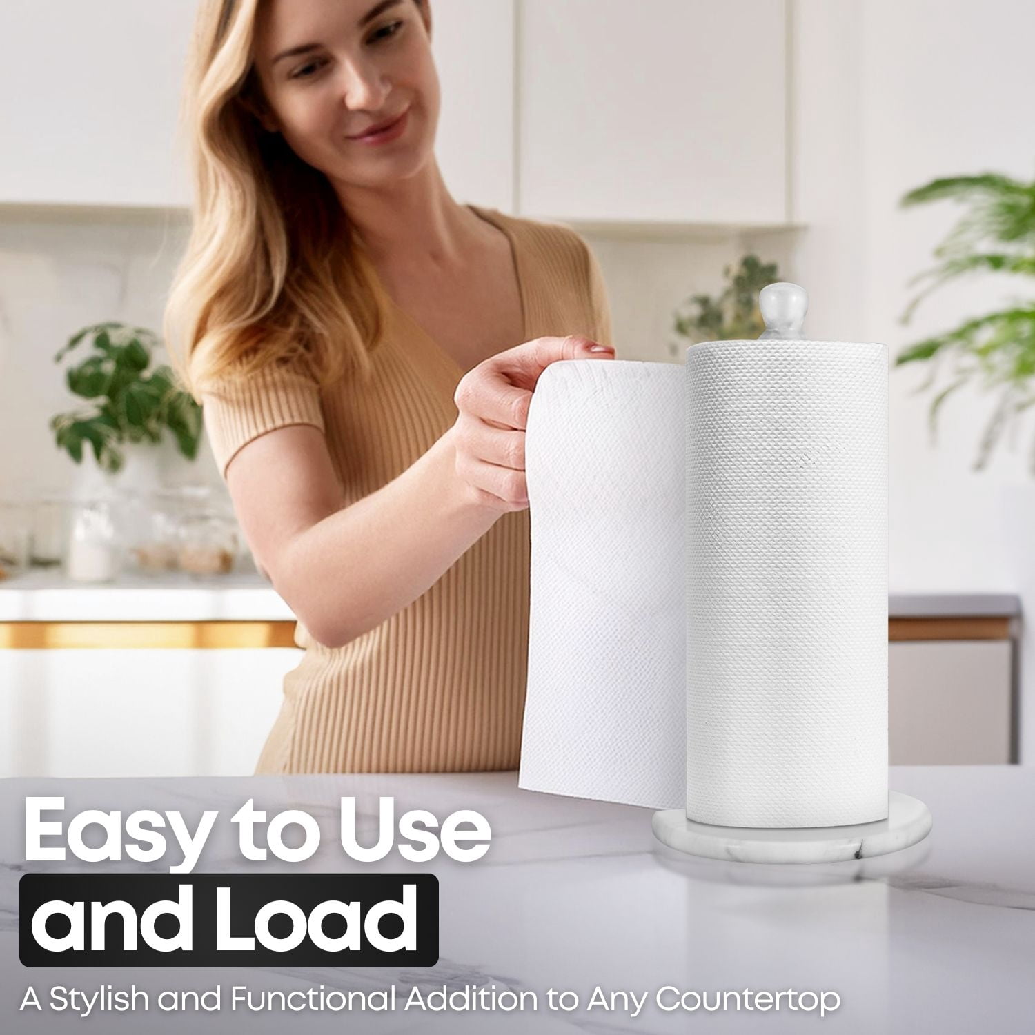 Marble Paper Towel Holder 12 inch (White Marble) Kitchen Paper Towels Roll Dispenser Stand Rack with Marble Pole and Weight Base for Countertop Tables Home Dining Bathroom Storage