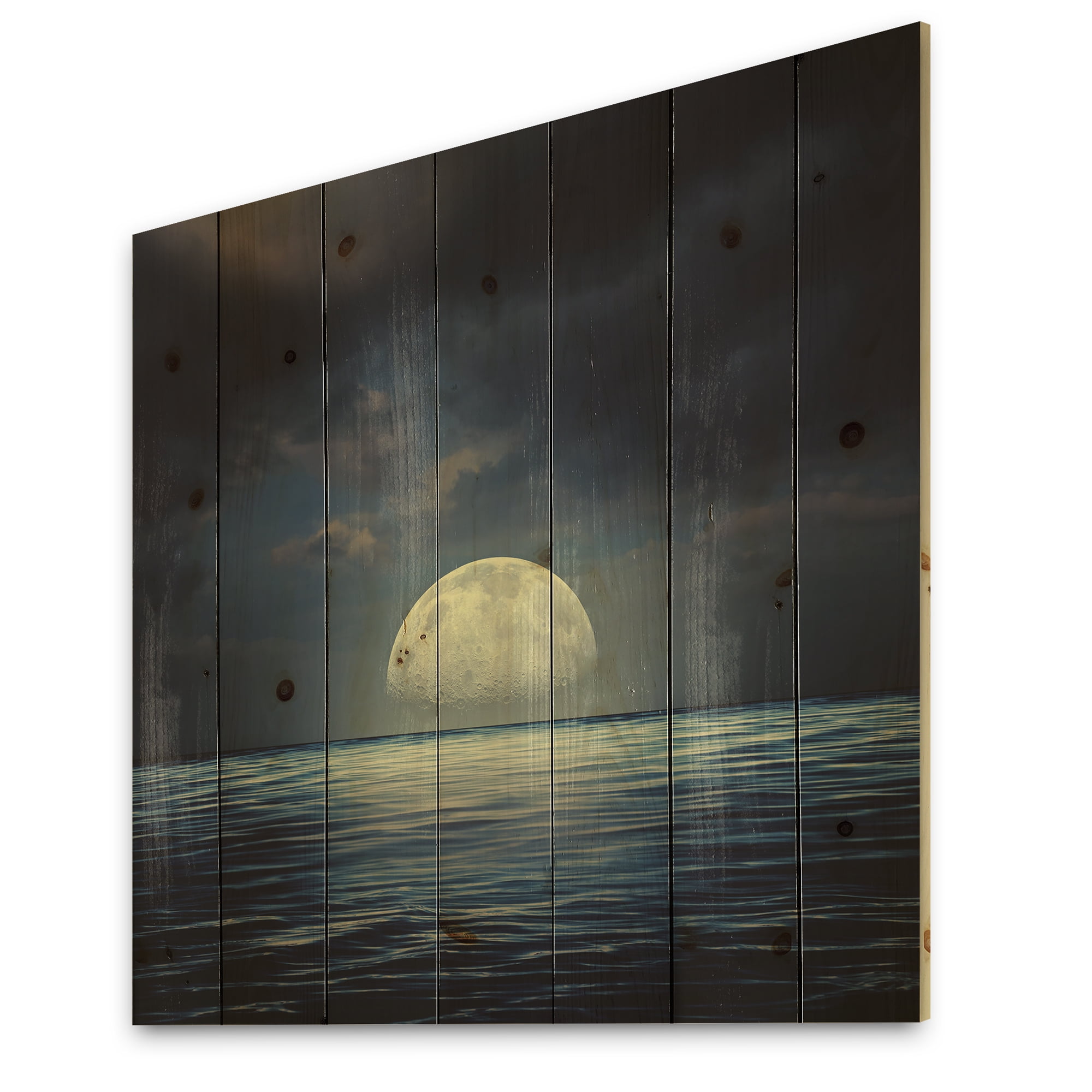 Designart 'Super Moon Over The Blue Sea' Nautical & Coastal Print on Natural Pine Wood