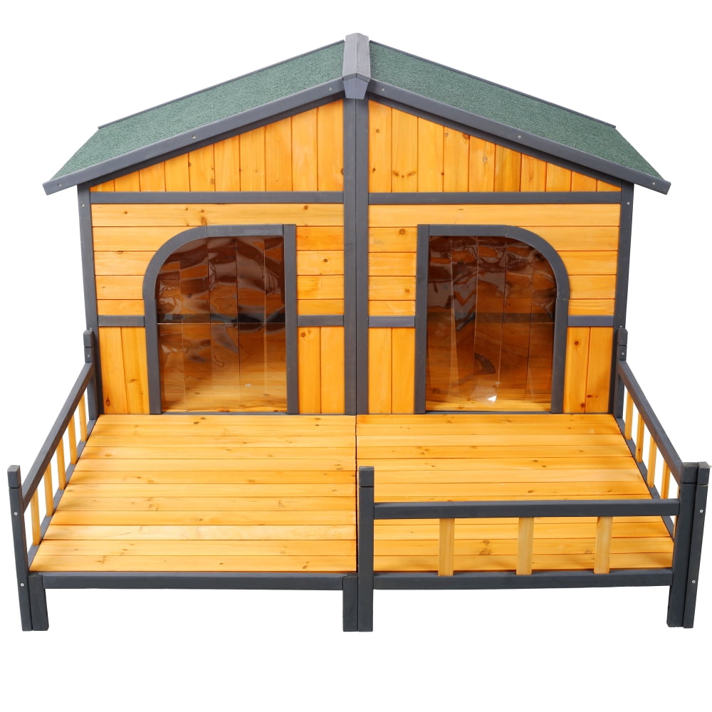 Natural Wooden XL Outdoor Dog House with Elevated Floor & Porch, Weatherproof Kennel for Small to Medium Dogs