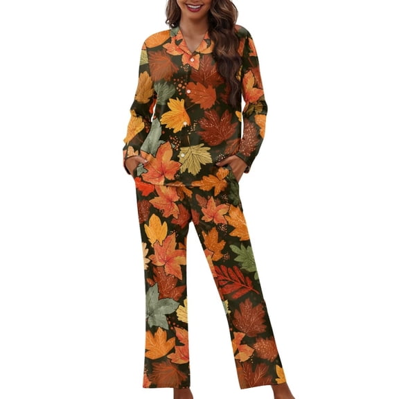 Garronmavis Maple Leaves Pajamas for Women Fall Button Up Pajama Set Long Sleeve Top and Pajama Pants with Pocket 2 Piece Ladies Sleepwear Thanksgiving Outfits