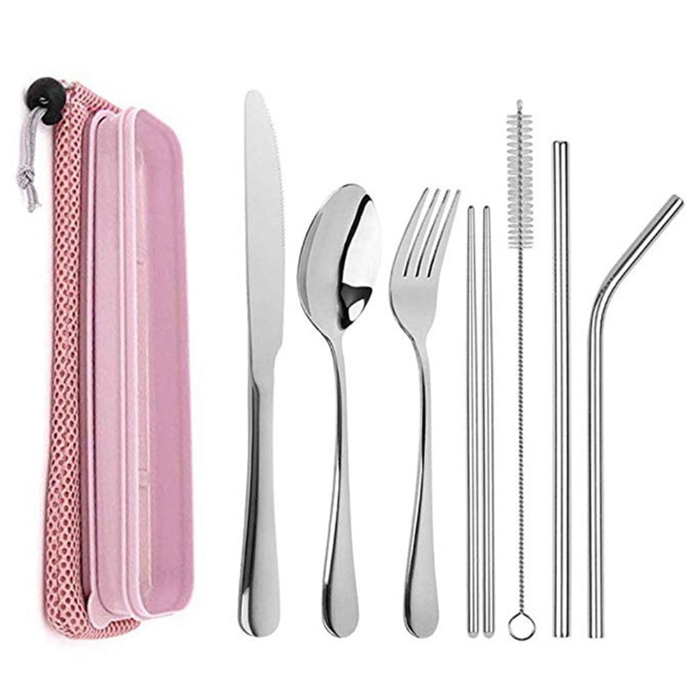8PCS/Set Stainless Steel Cutlery Fork Spoon Straw Travel Picnic School Tableware 8PCS/Set Stainless Steel Cutlery Fork Spoon Straw Travel Picnic School Tableware