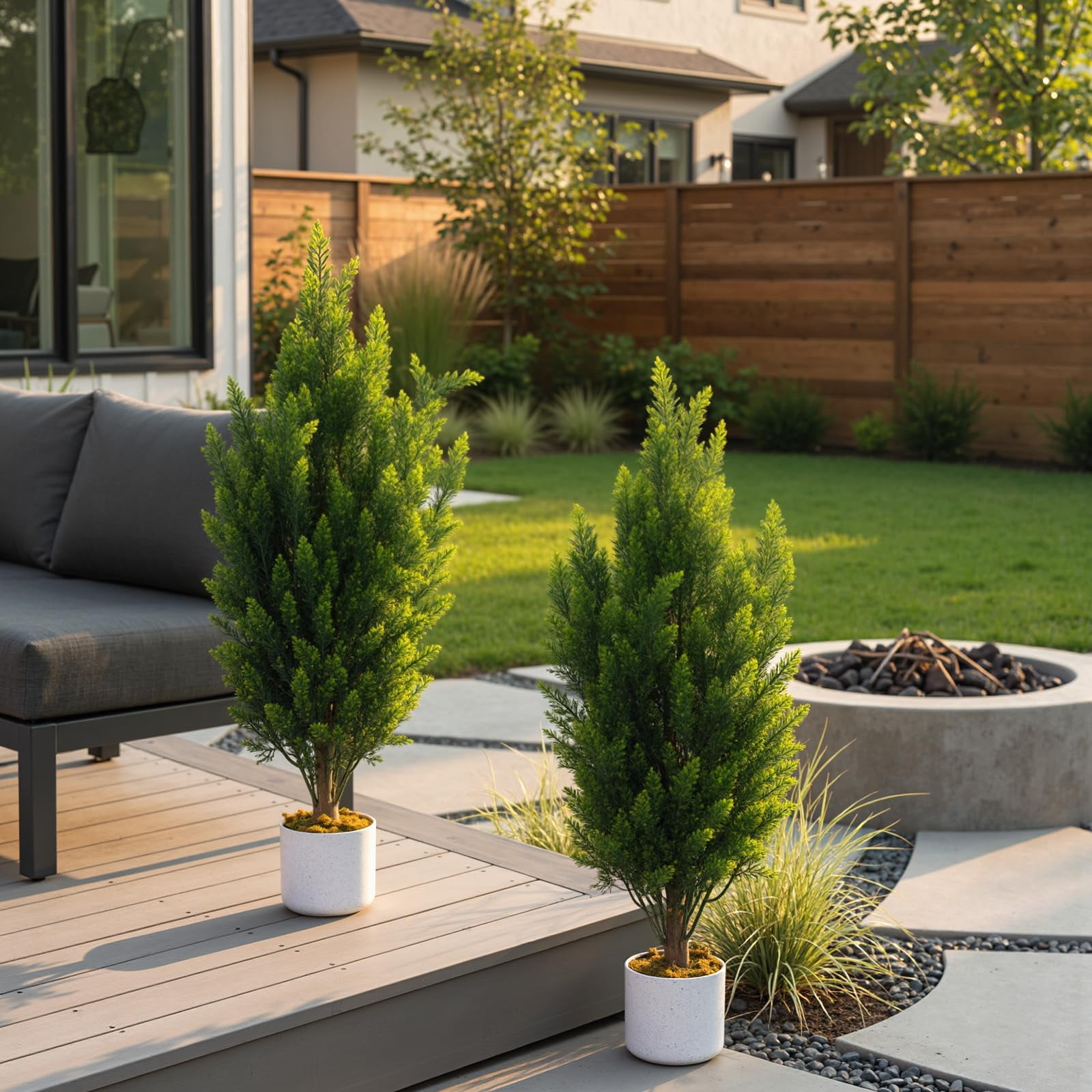 Artificial Cedar Topiary Tree 3FT Set of 2, Outdoor Faux Evergreen Pine Shrubs, Realistic Fake Plants Front Porch Decor, Potted Fake Bushes Cypress Trees UV Resistant for Home Front Door
