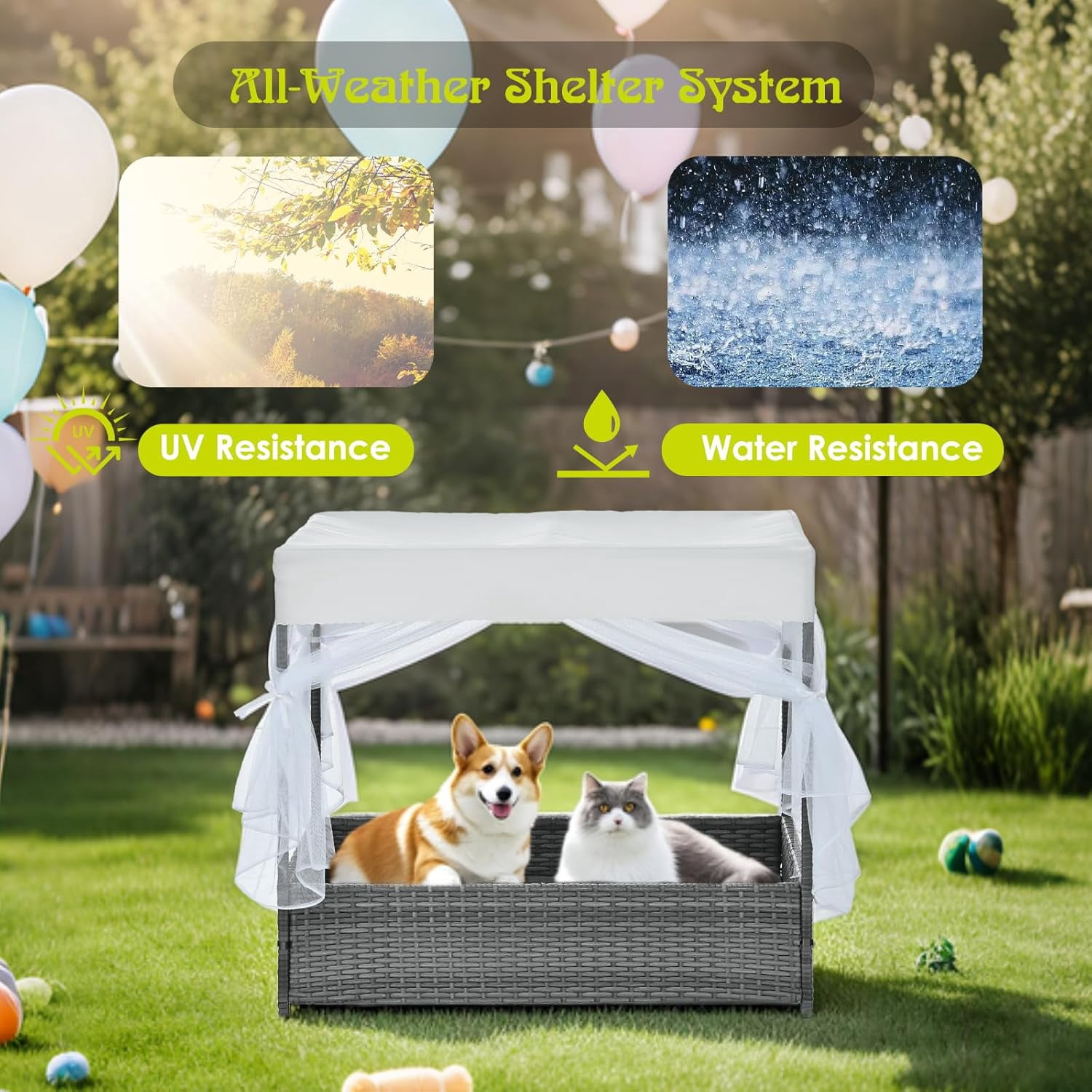 36"Wicker Dog House Outdoor Indoor with Canopy, Weatherproof Outside Dog Shelter Bed with Cushion, 4-Sided Mesh Windows, Pet House Tent Shade for Small Medium Dogs, Rattan Dog Cot for Deck Patio Yard