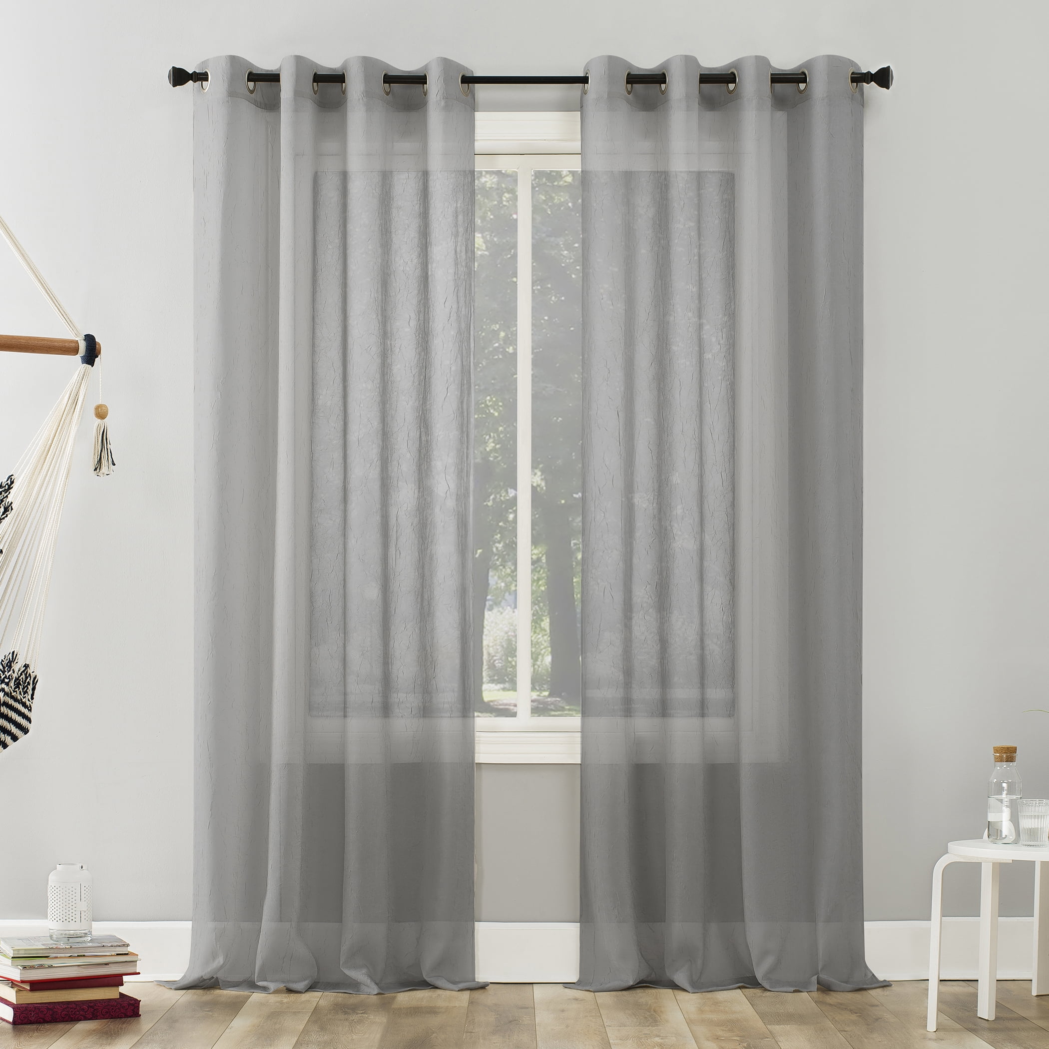 No 51 x 95 918 Erica Crushed Textured Sheer Voile Rod Pocket Curtain Panel Charcoal Gray 