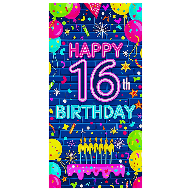 Neon Happy 16th Birthday Banner Colorful Decorative Polyester for Birthday Party Celebration Photo Shoot Indoor Decoration