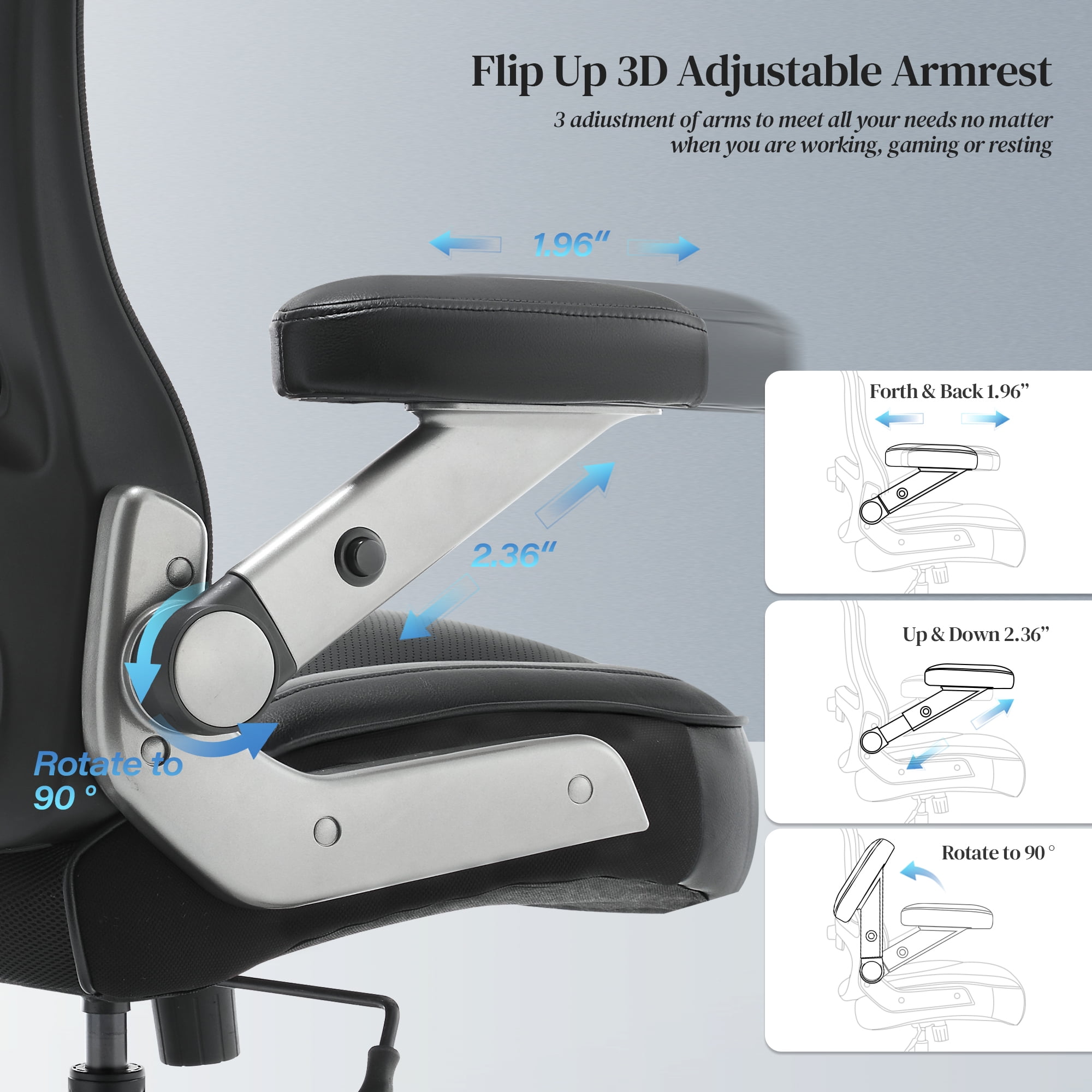 Big and Tall Office Chair 500 lbs, Ergonomic Desk Chair with 3D Flip up Arms, High Back Mesh Executive Computer Chair, Adjustable Headrest Lumbar Support, Black