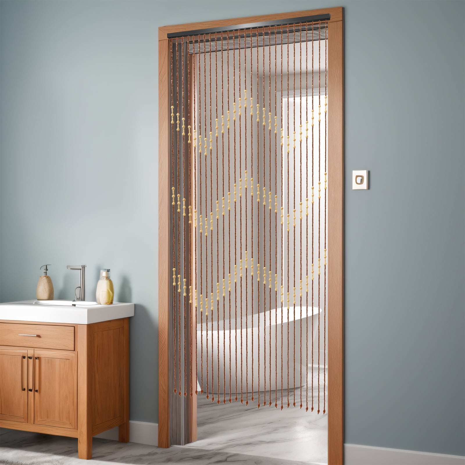 Retro Wooden Bead Curtain Bamboo String Door Curtains with Solid Crossbar Door-mounted Foldable Beaded Fit for Doorway in Living room Balcony Bedroom Coffee Shop Caravans