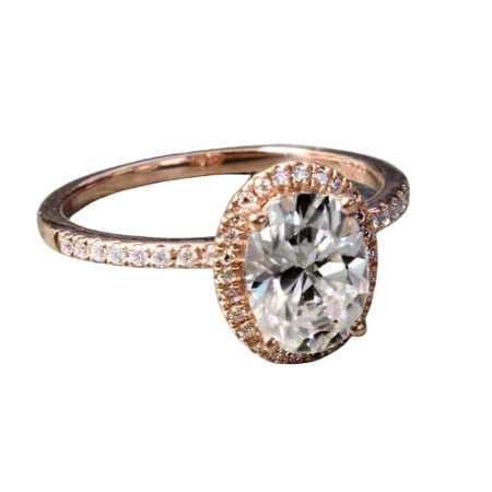 HeartsAndYou 2.1ct Oval Cut Moissanite Engagement Ring for Women 18k Rose Gold over Silver Halo Promise