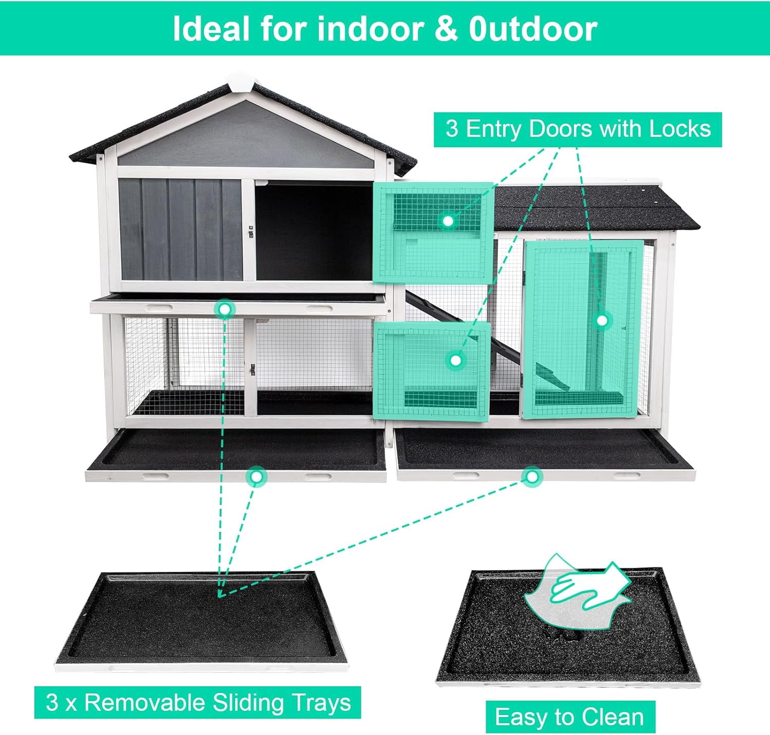 SZHLUX Upgraded 61''L Deluxe Multi-Level Rabbit Hutch with Pull Out Tray, Ramp, Lockable Doors,Wooden Small Animal House,Outdoor or Indoor,Gray+White (Gray+White)