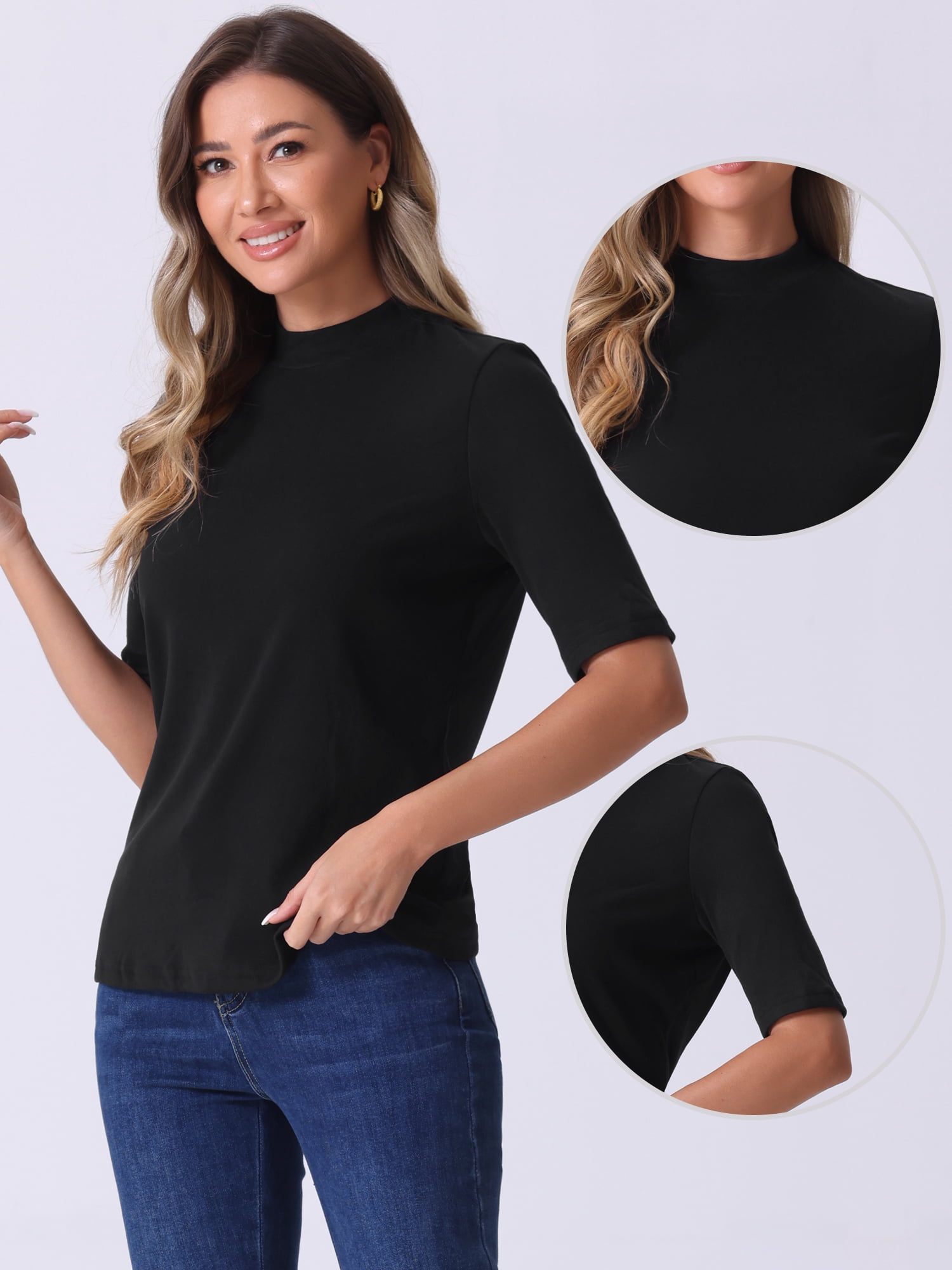 DARING DIVA Women's Half Sleeve Mock Turtleneck Casual Top XL Black