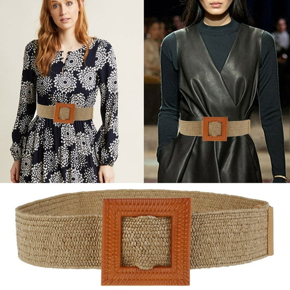Everso Vintage Boho Braided Waist Belt Summer Solid Female Belt Round Wooden Smooth Buckle Fake Straw Wide Belts for Women