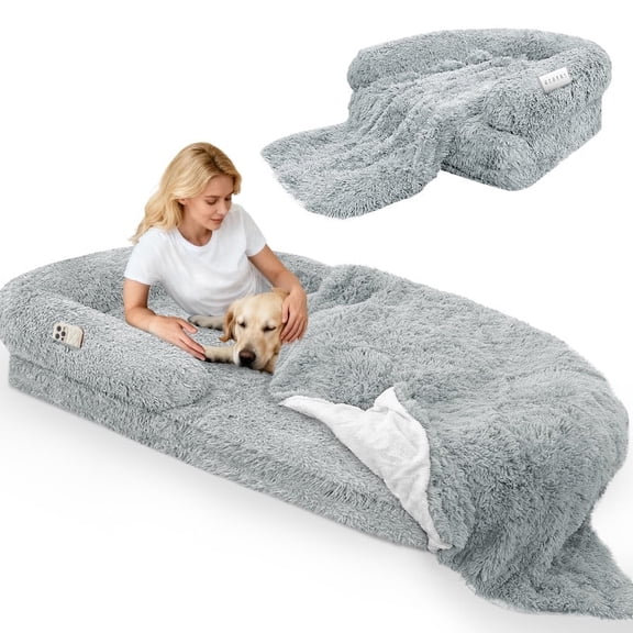 71"x38"x9"Foldable Human Dog Bed,2 in 1 Flexible Giant Pet Bed for Adult 10 CM Thick Memory Foam Washable Oversize Dog Bed with Blanket,Grey
