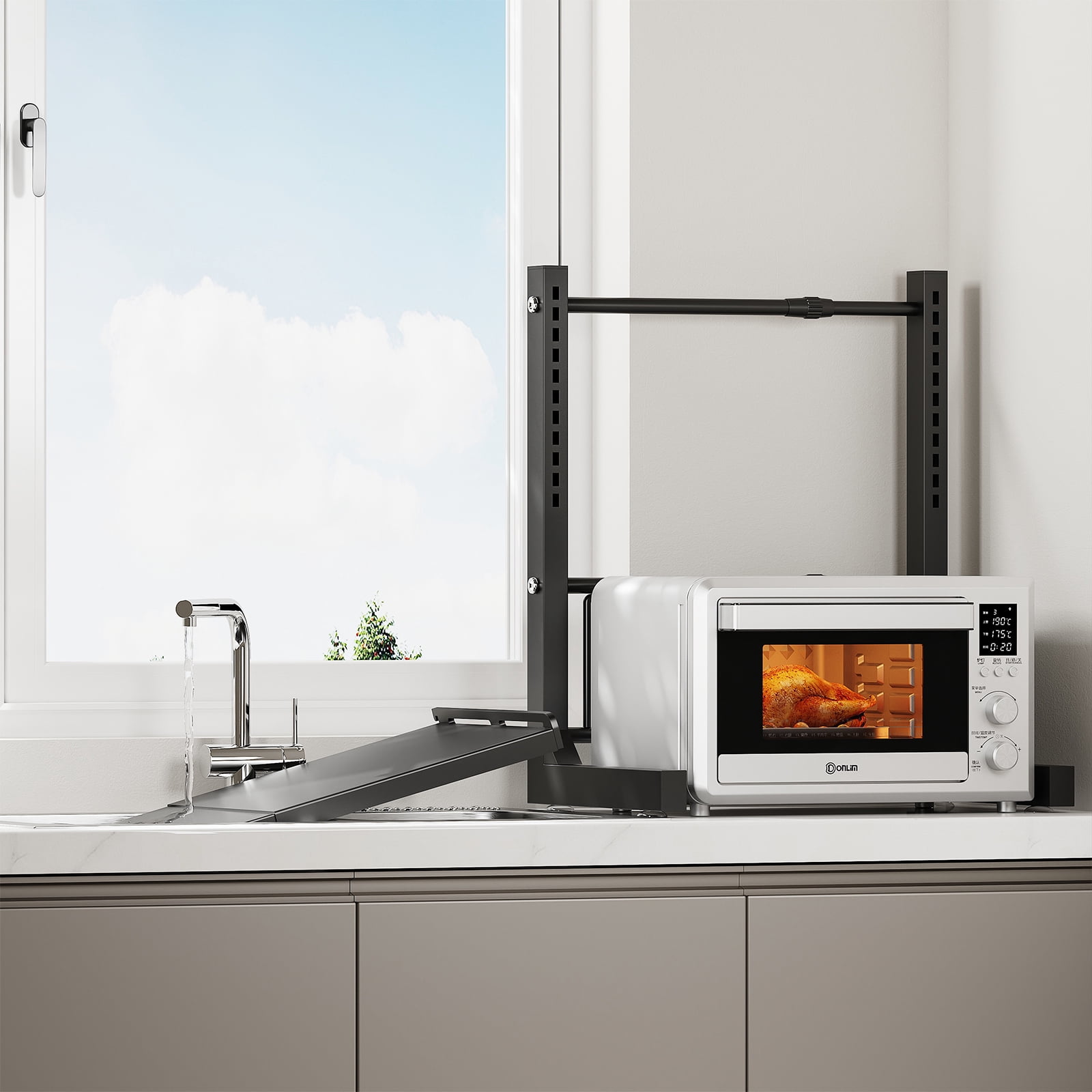 ABCOOL Retractable Adjustable 2 Axial Snap-in Kitchen Baker Microwave Oven Rack, Expandable and Height Adjustable Carbon Steel Shelf Counter Countertop with 3 Clip Hooks, Electric Oven Holder