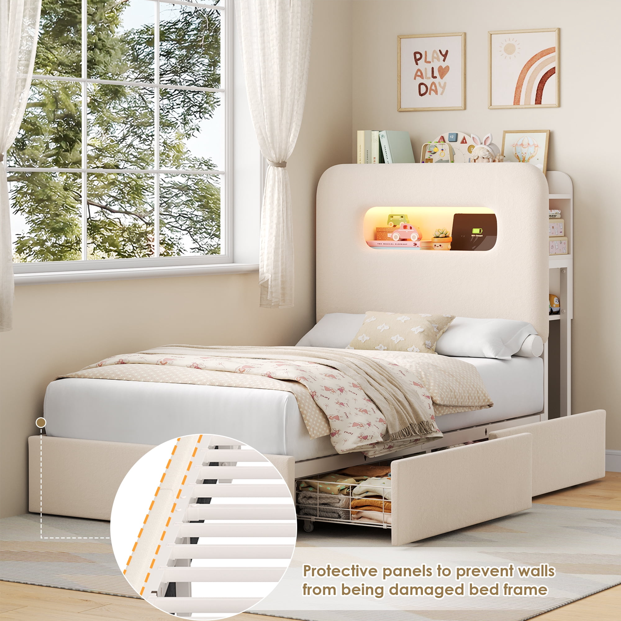 Homfa Twin Size Velvet Upholstered Bed with LED Lights & 2 Drawers, Storage Headboard Platform Bed Frame with USB Ports & Outlets, Off-White