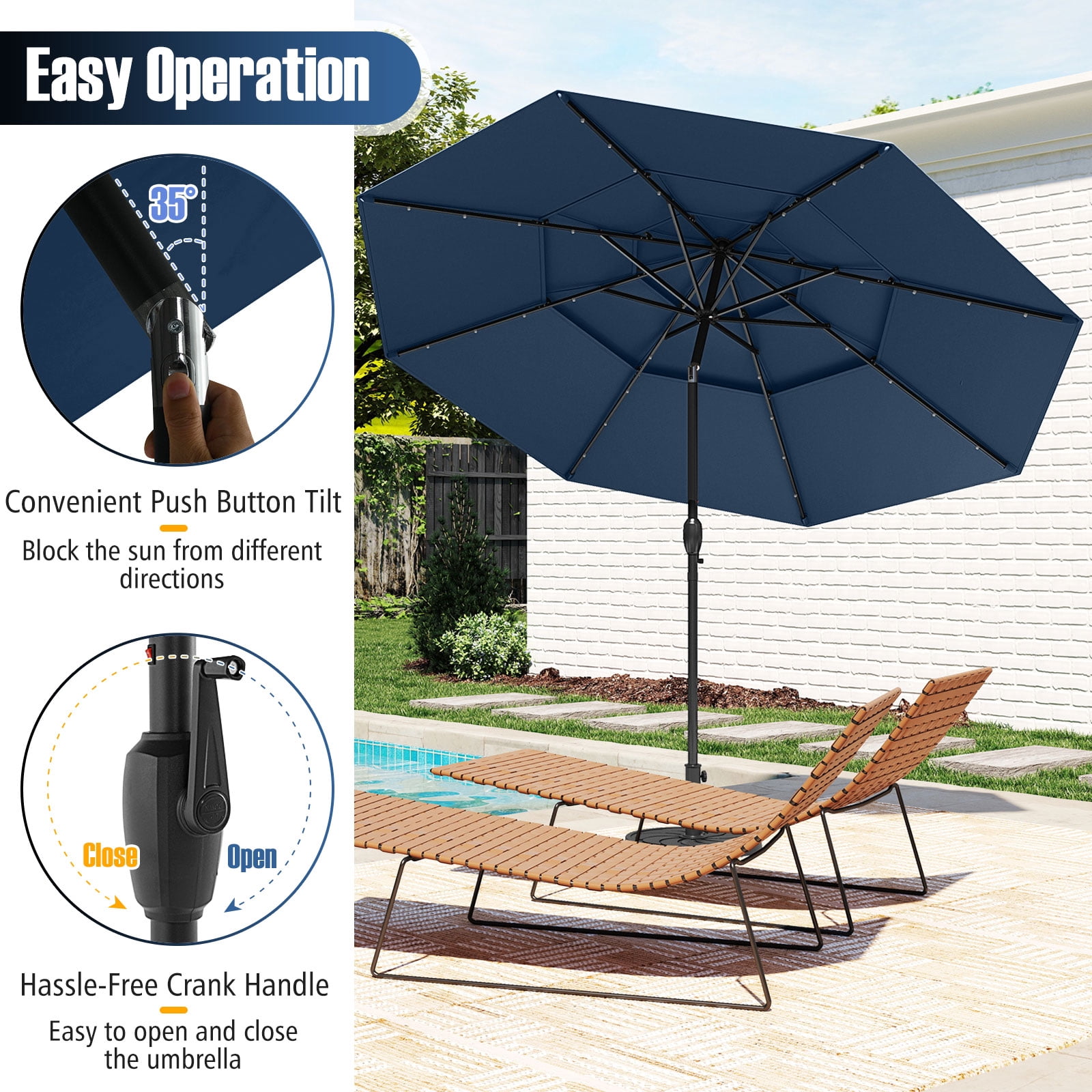 Gymax 10 FT Solar Patio Umbrella w/ 32 LED Lights 3-Tier Vented Top Tilt Adjustment Navy