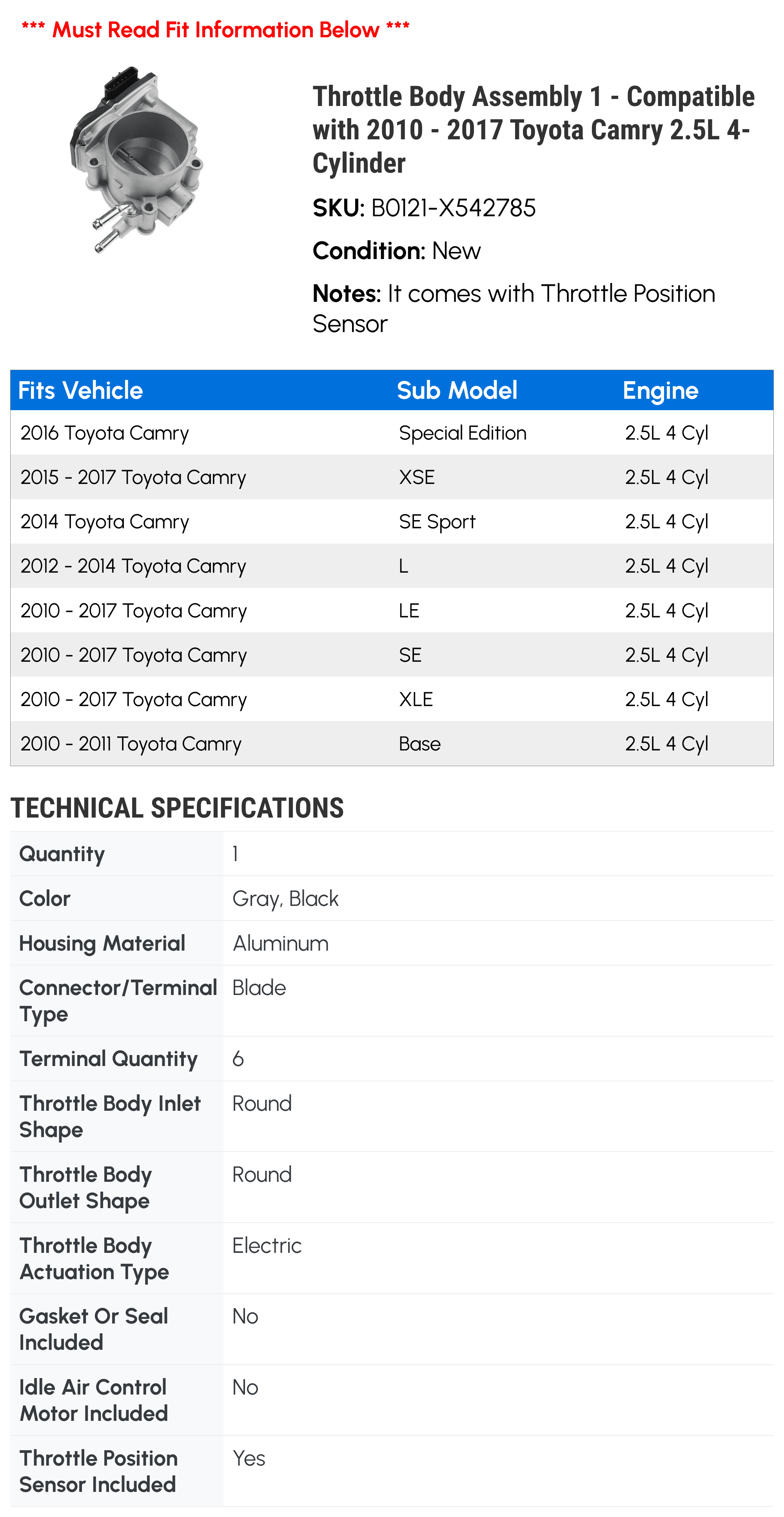 Throttle Body Assembly 1 - Compatible with 2010 - 2017 Toyota Camry 2.5L 4-Cylinder - Autopart Premium