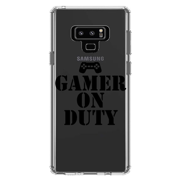 DistinctInk Clear Shockproof Hybrid Case for Samsung Galaxy Note 9 - TPU Bumper Acrylic Back Tempered Glass Screen Protector - Gamer on Duty Video Games