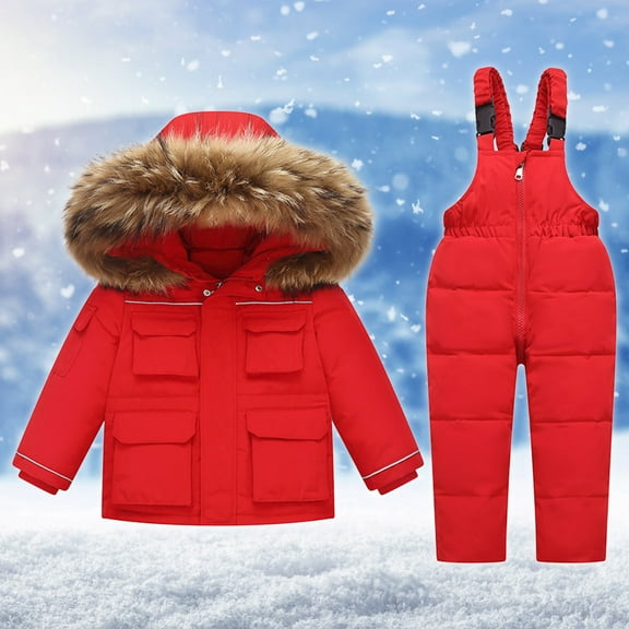 Ski Suits for Kids, Boys Girls Fashion Solid Color Down Jackets Keep Thickening Warm Outdoor Coat Jumpsuit Set