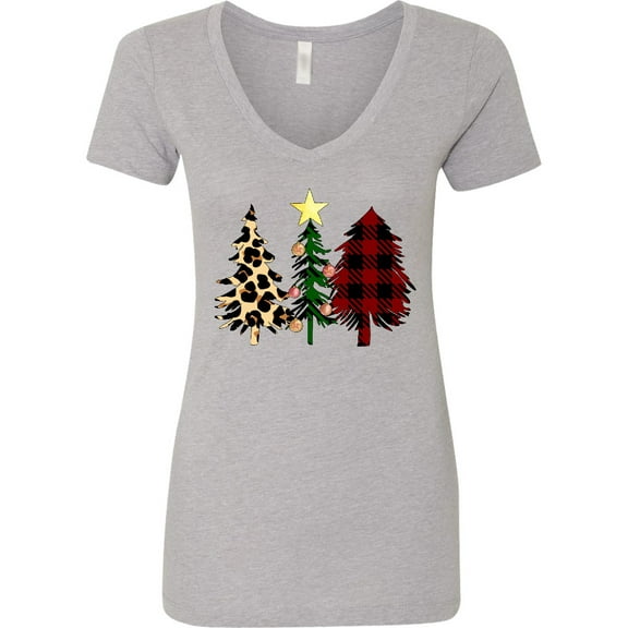 Inktastic Three Christmas Trees in Plaid and Leopard Print Women's V-Neck T-Shirt