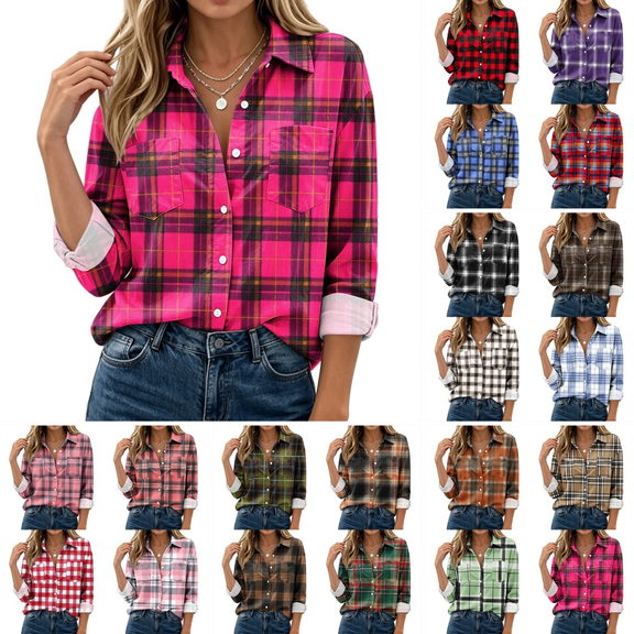 Josdec Women's Plaid Button Down Shirt, Lapel Long Sleeve with Double Chest Pockets for Office Daily S‑2XL