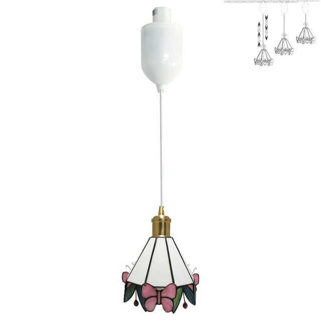FSLiving Éclairage de Piste Réglable en Hauteur en Forme de H Tiffany Blanc Papillon Finition Laiton Douille E14 Style Baroque en Verre Teinté Suspension pour Table de Restaurant - 1 Pack