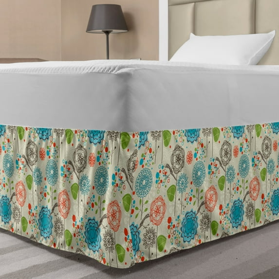 Floral Bed Skirt, Retro Doodle Flower Field Dandelions Daisy Birds Circles Cheerful Image, Elastic Bedskirt Dust Ruffle Wrap Around for Bedding Decor, 4 Sizes, Multicolor, by Ambesonne
