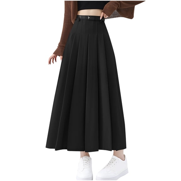 jtjvou Long Pleated Work Skirts for Women High Waisted Elegant A-Line Business Casual Swing Cocktail Maxi Skirts Black XL