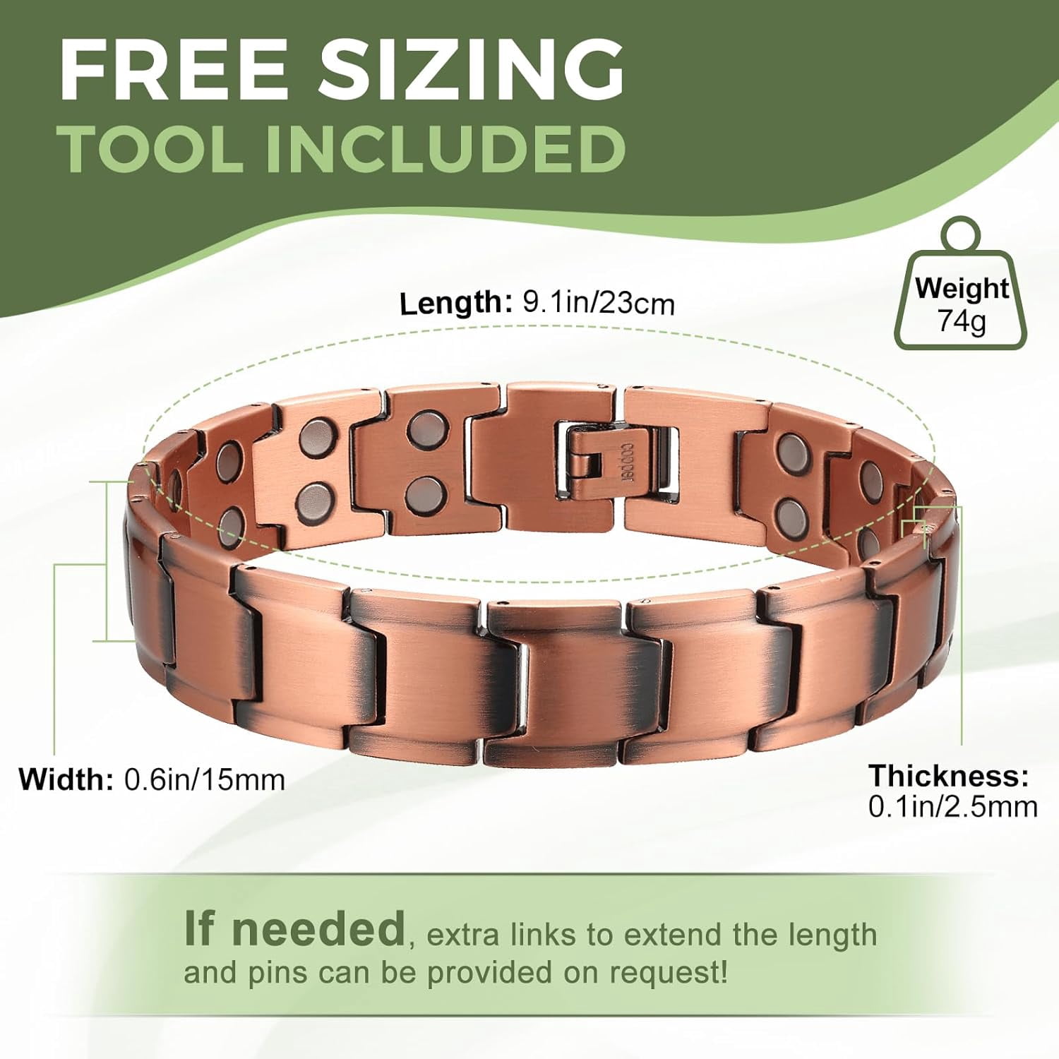 Wollet Copper Magnetic Bracelet for Men, 99.9% Pure Copper Jewelry with Magnets, Set of 2