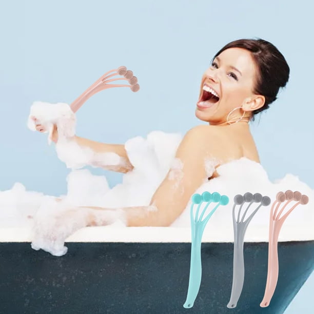 Cepillo de baño de mango largo con cerdas suaves - Raspador trasero y exfoliante corporal - Gris, azul, rosa - Mango de plástico de 11 pulgadas