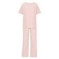 thumbnail image 5 of Feancey Womens Plus Size Linen Sets Summer Casual Loose 2 Piece Set Short Sleeve Round Neck Tshirt and Long Pants Lounge Outfits with Pockets Daily Sales Pink 4XL, 5 of 7