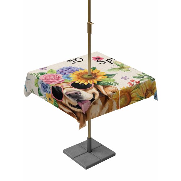 Outdoor Tablecloth with Umbrella Hole for Patio/Picnic/Party/Camping, Spring Dog Waterproof Table Cloth Square Cover Washable, Rustic Watercolor Botanical Floral Sunflower (60"x 60")