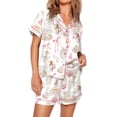 thumbnail image 2 of Yunliwuli Women's Satin Pajama Set, Lapel Neck Button Down Short Sleeve Tops + Elastic Waist Shorts 2 Pieces Lounge Sleepwear Set, 2 of 6
