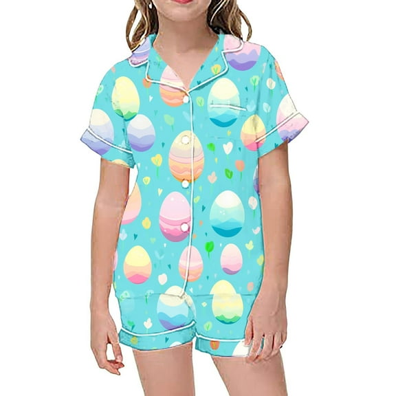 Gunia Kids Girls Easter Pajamas Fashion Bunny Egg Print Button Down Lapel Short Sleeve Top Shorts Silk Set Summer Holiday Girl Pjs 2-13 Years