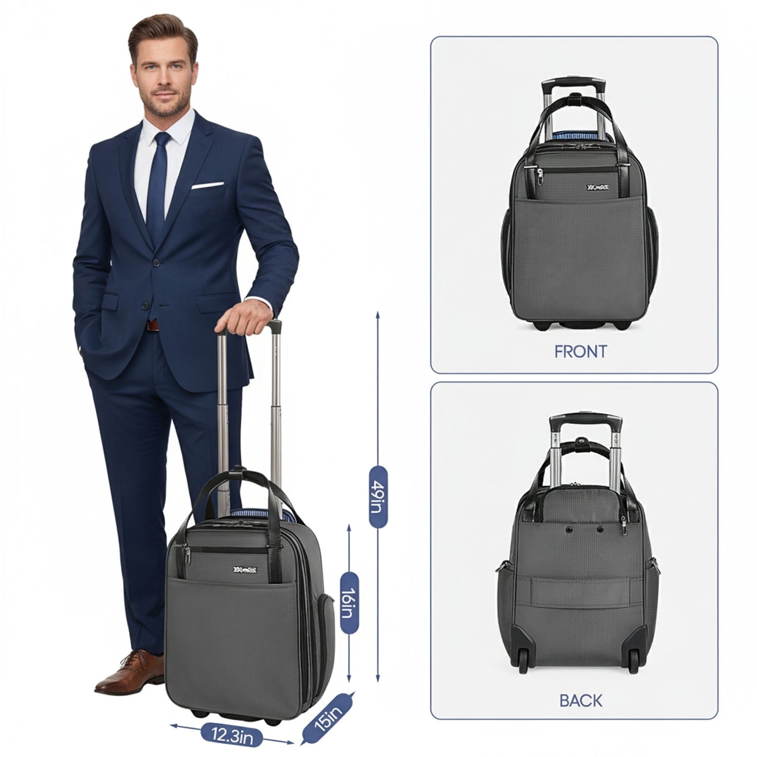 16" Underseat Carry on Luggage for Airplane, Softside Small Rolling Suitcase,Lightweight Personal Item Travel Bag, Grey - XJ5011