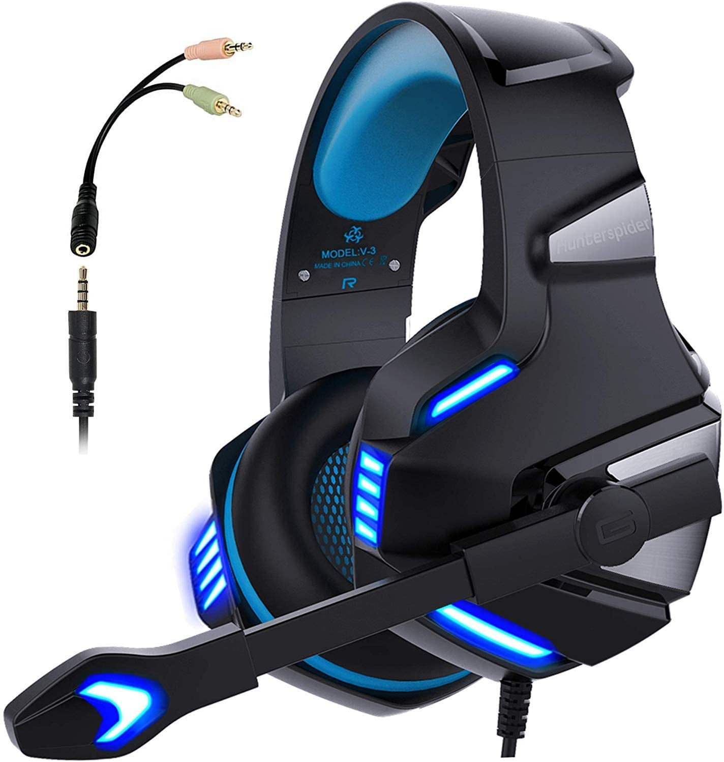 Wired Control Headphones/Headphones with LED Light Microphone Player for PC PS4 Xbox One,Blue GSUMMER Hunterspider V1 Headset