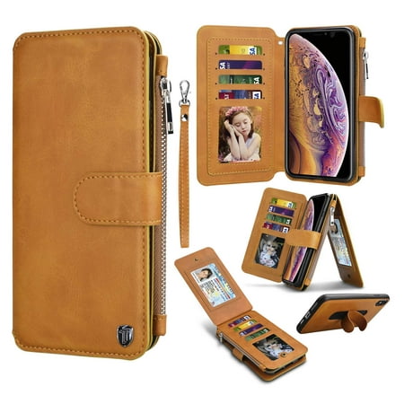 Wallet Case For iPhone XS Max / iPhone XS / iPhone X, Tekcoo 2 in 1 PU Leather ID Credit Card Slots Holder Zipper Purse Pocket Magnetic Detachable Folio Flip Phone Cover & Lanyard [Yellow]