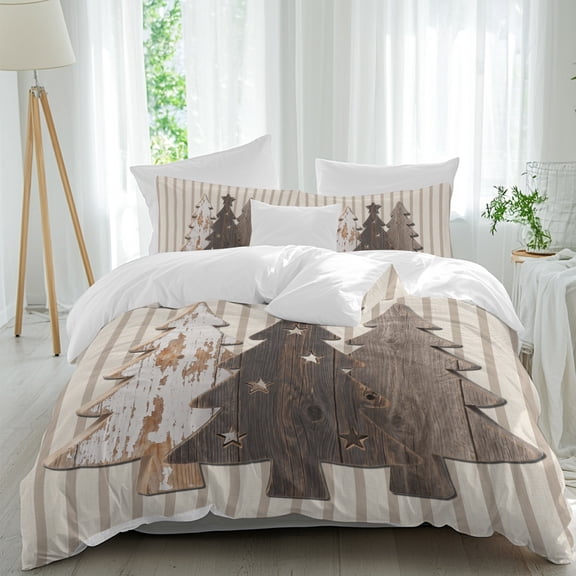 Duvet Cover Twin Size 3 Piece Bedding Set, Abstract Christmas Tree Wood Texture Soft Breathable Comforter Cover with 2 Pillow Shams, Rustic Stripe Beige Flax Luxury Duvet Covers with Zipper Closure