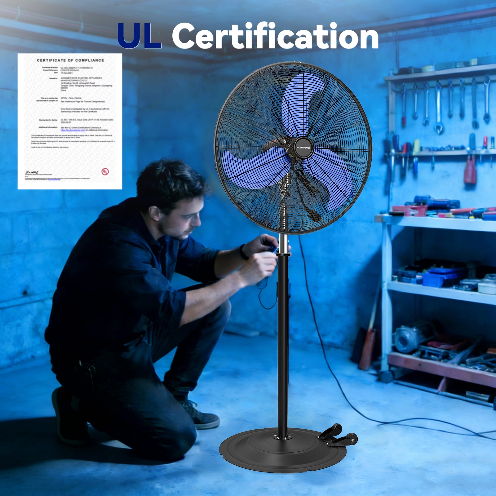 30" Heavy Duty Industrial Floor Fan with Wheels, 3-Speed 9500 CFM High Velocity Standing Fan for Commercial and Garage - Aluminum Blades