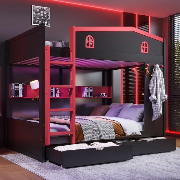 Queen over Queen Bunk Bed Frame with Storage Drawers and Shelves, Solid Wood Bunk Beds with hooks and Safety Guard Rails for Bedroom, Apartment, No Box Spring Needed, Mattress Not Included, Black&Red