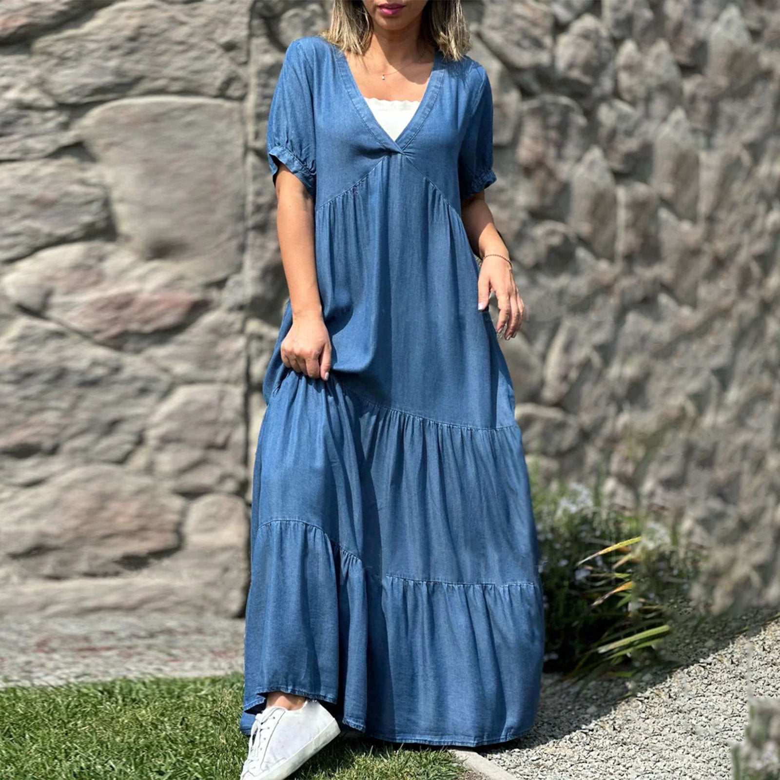 OSFVNOXV Denim Look Dress for Women Plus Size Summer Boho Loose Tiered Maxi Dress Casual V-Neck Flowy A-Line Tunic Shirt Dress,S-5XL