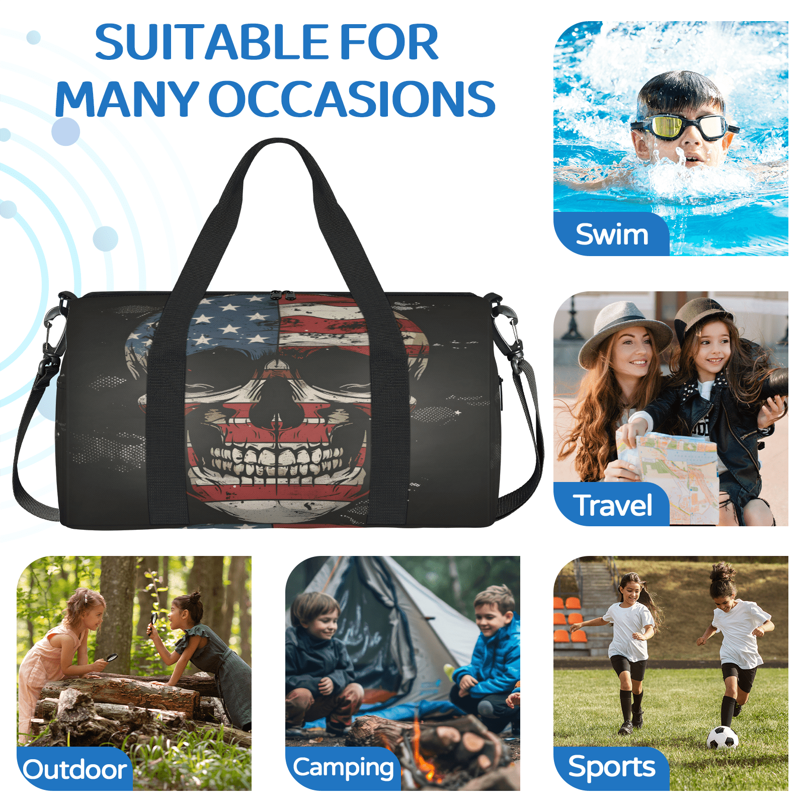 Herdesigns Skull American Flag Travel Duffle Bag Sports Yoga Weekender Overnight Carry on Workout Bags Lightweight Waterproof Gym Tote Bag for Women
