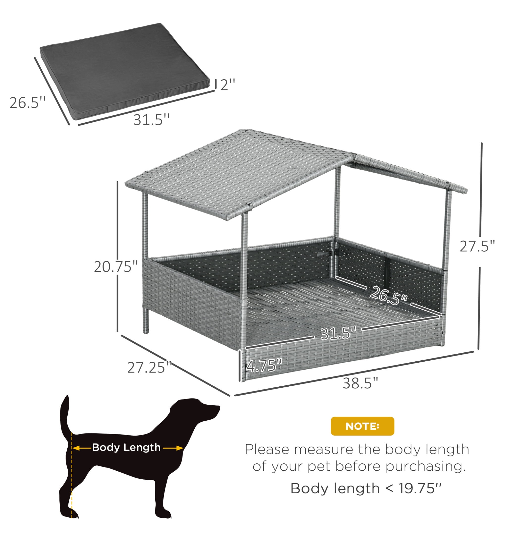Wicker Dog House Outdoor - PawHut Rattan Dog Bed with Canopy - Gray - Small Medium Dogs - Water-resistant Cushion - Durable Pet Shelter